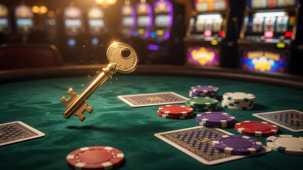 Décorations dorées et cadeau sur une table de casino avec des néons en arrière-plan